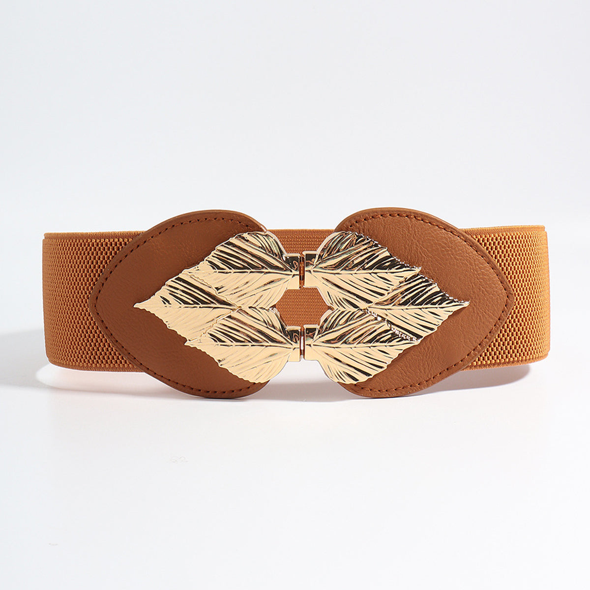 Caramel elasticated waist cincher belt with gold leaf motif clasp.