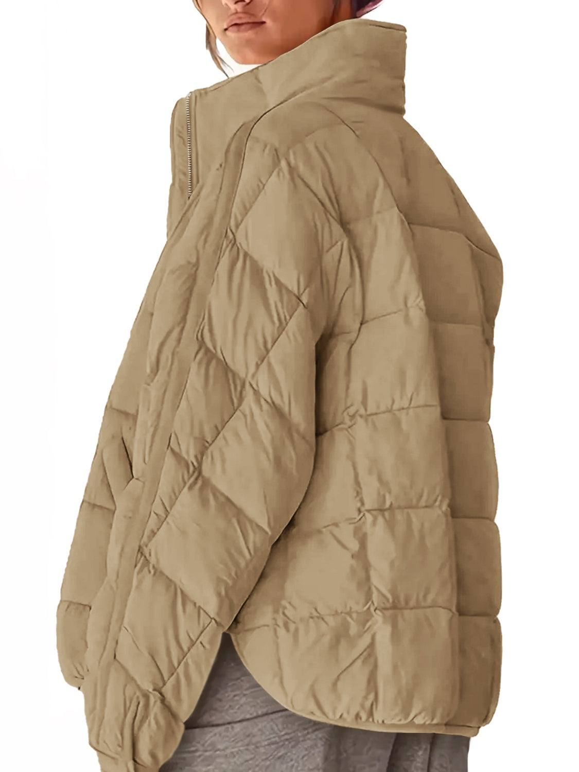 Camel quilted bomber jacket with stand collar and zip closure