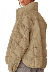 Camel quilted bomber jacket with stand collar and zip closure