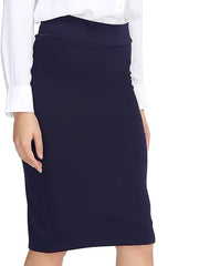 Dark blue sculpted pencil skirt with a high waist, styled with a white button-down shirt.