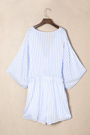 Light blue and white striped tie-front kimono jumpsuit with elastic waist and short legs.