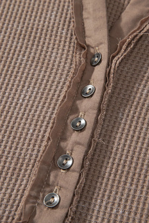 Taupe waffle knit button-up blouse with raw edge detail