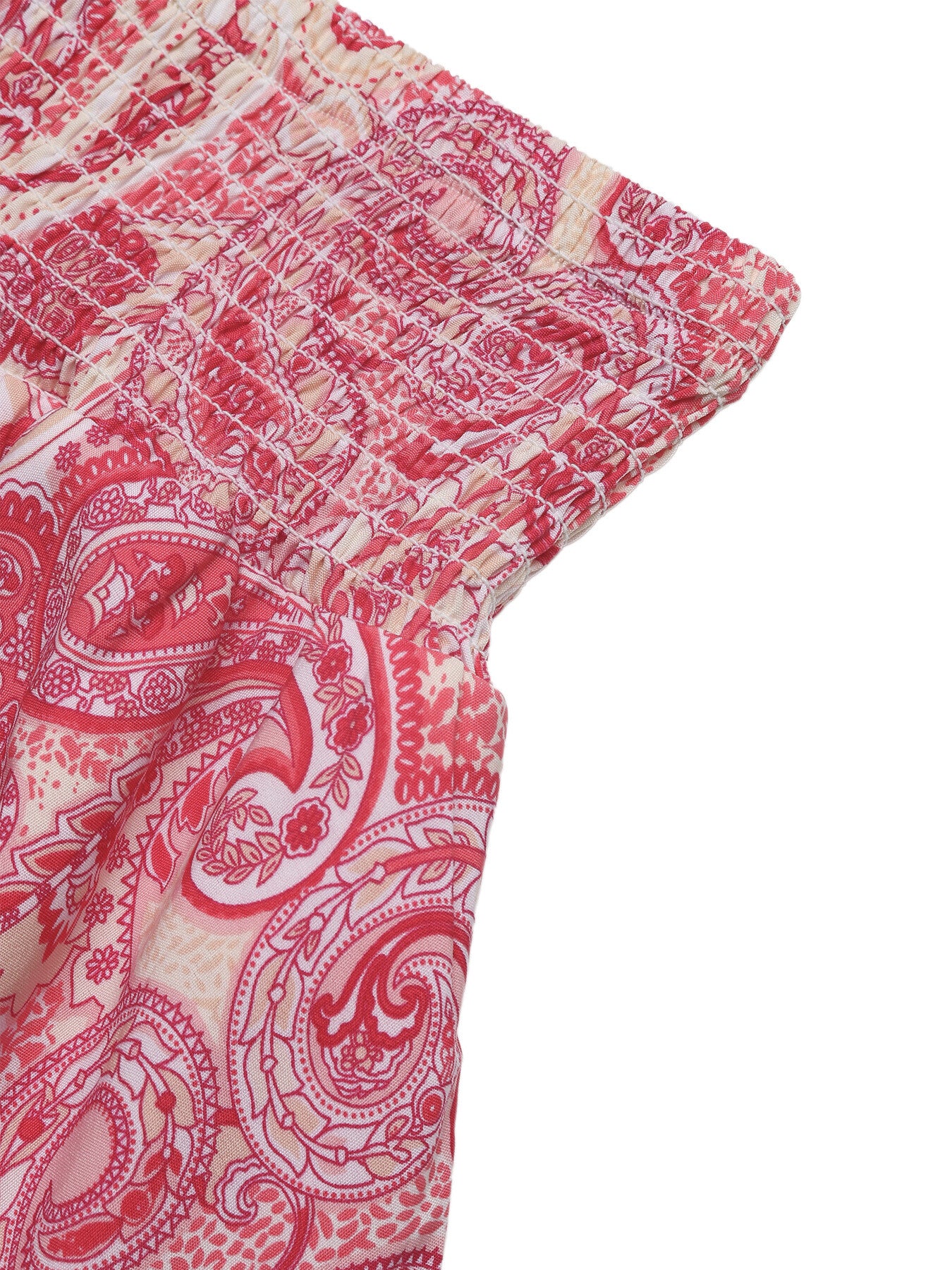 Paisley print smocked crop top with frill detail in red and cream.