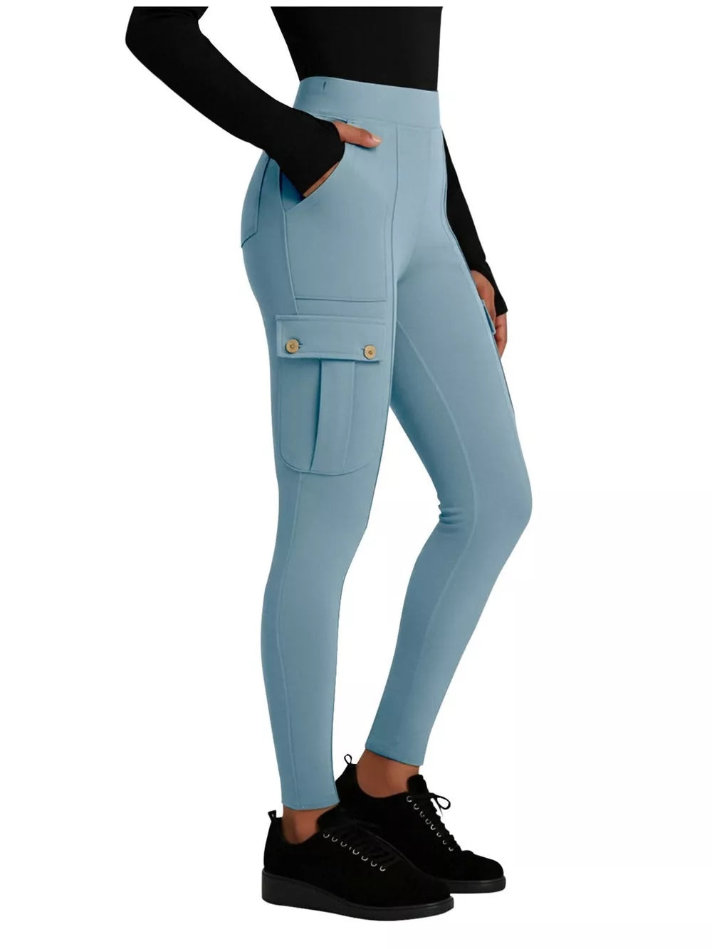Sky blue maternity active pants with cargo pockets and button details.