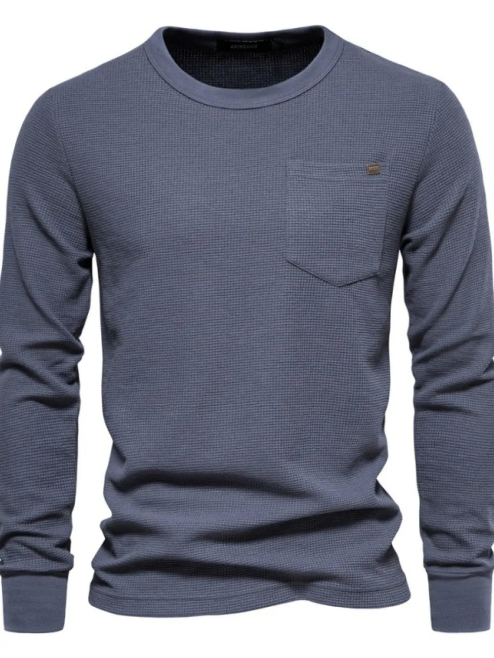 Gray textured thermal long sleeve tee with crew neck and chest pocket.