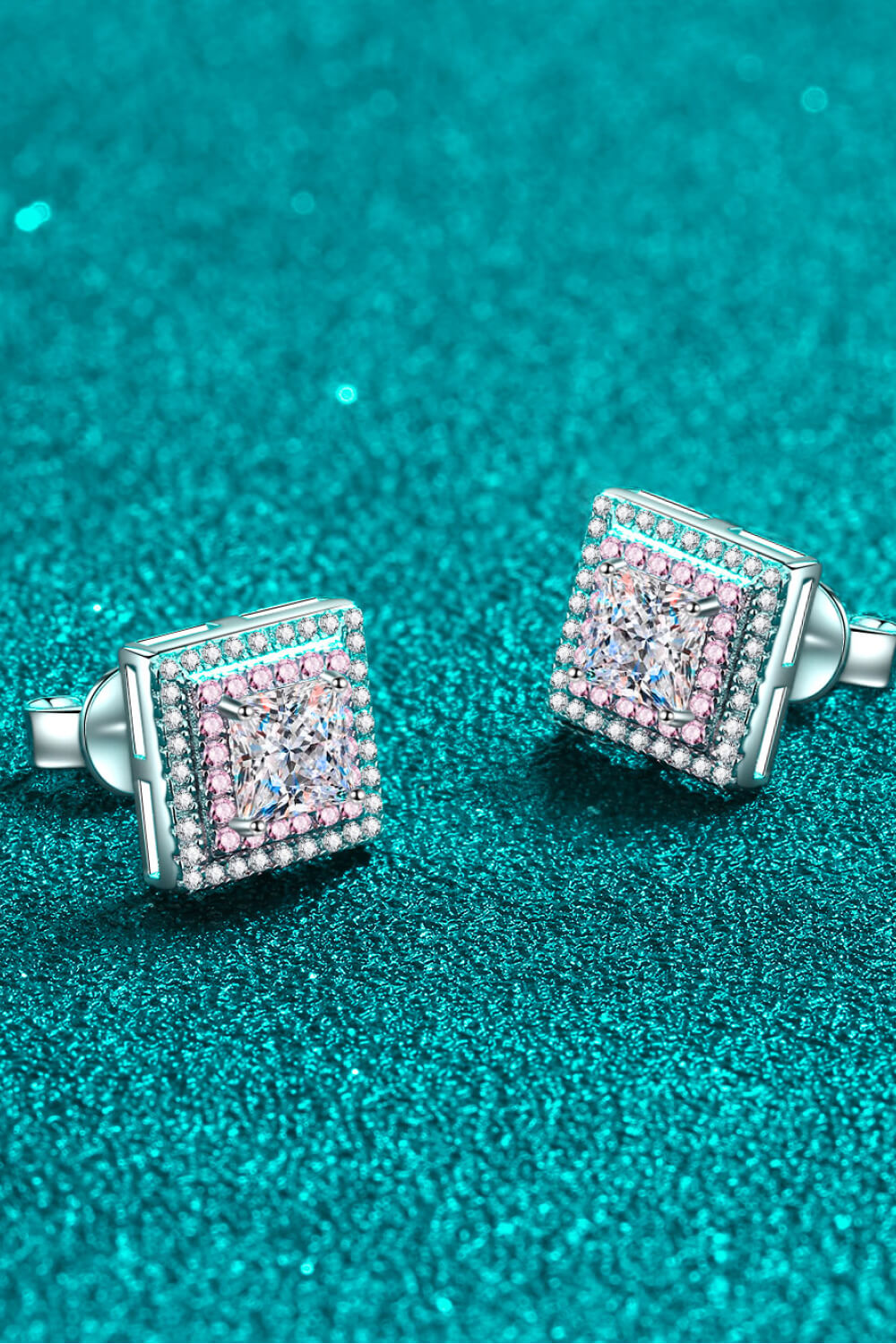 Prismatic square stud earrings with pink halo and clear stones, 925 sterling silver