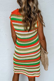 Striped crochet polo mini dress with orange, green, and cream stripes.