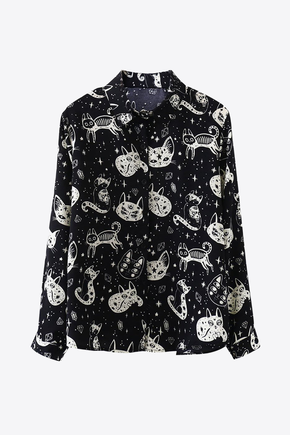 Black button-up blouse with a celestial cat print and long sleeves.