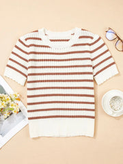 Short sleeve striped knit top in caramel and white with scalloped trim.