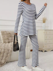 Blue striped knit two-piece set with flared pants and a long sleeve top.