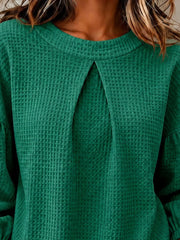 Waffle Knit Round Neck Top in Burgundy, fit detail