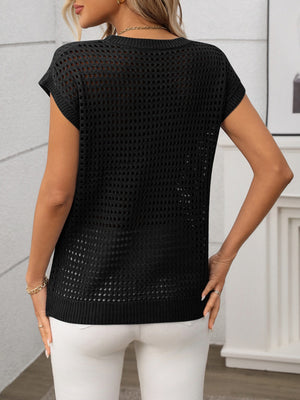 Black openwork knit crewneck top with short sleeves and a relaxed fit.