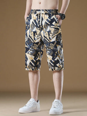 Men's geometric print drawstring shorts with cuffed hem in cotton.