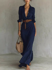 Elegant V-neck Ruched Maxi Dress With Belt in Black, back view