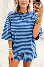 Relaxed blue striped cotton two-piece set with crew neck top and shorts.