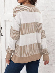 Cozy color block knit sweater in tan and white stripes, acrylic, crew neck, long sleeves.