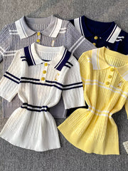 Cable knit polo collar t-shirts in white, yellow, grey, and blue with button details.