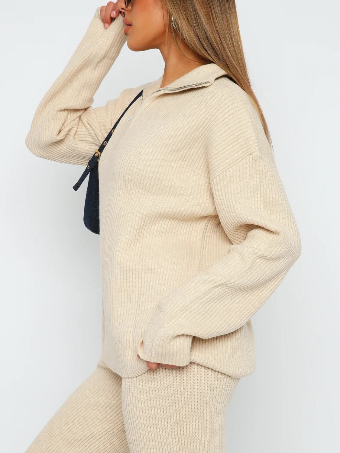 Tan ribbed knit quarter-zip lounge set sweater with collar detail