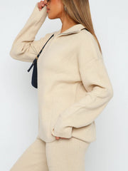 Tan ribbed knit quarter-zip lounge set sweater with collar detail