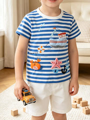 Children's blue and white striped short sleeve tee with nautical applique details.