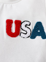 White cotton baby tee with red, white, and blue chenille USA letters