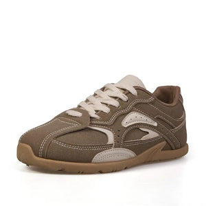 Retro Runner Panel Sneakers in Camel with contrasting stitching and laces.