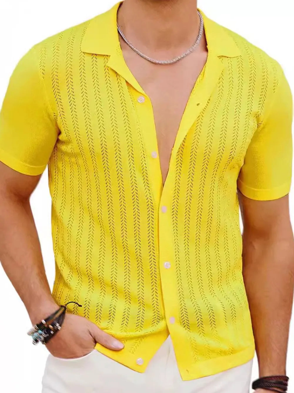Yellow mesh button-up shirt with short sleeves and a textured pattern.