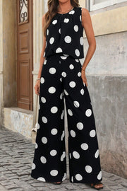 Black polka dot sleeveless top and wide-leg pants set