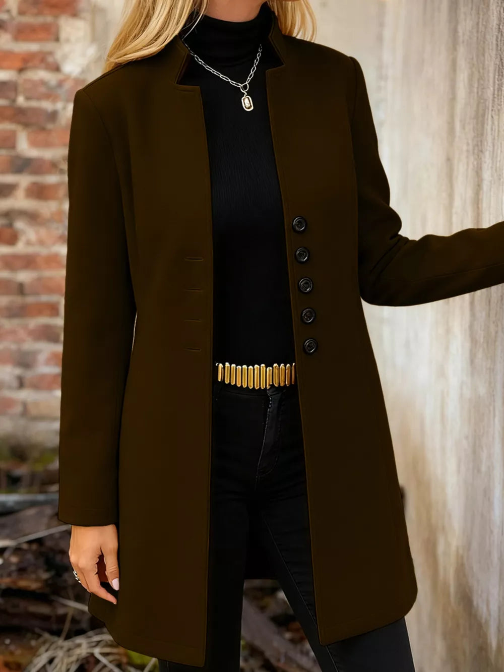Chic longline trench coat in Chocolate with button-down front and collarless neckline.