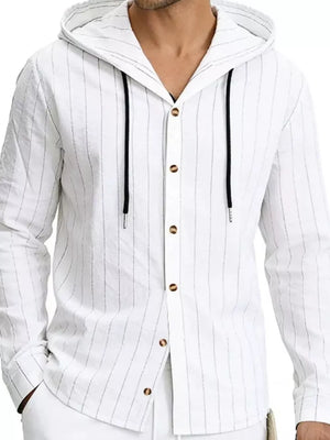 White striped hooded button-up shirt for men with drawstring detail.