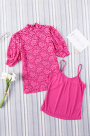 Pink lace puff sleeve mock neck blouse with a matching camisole.