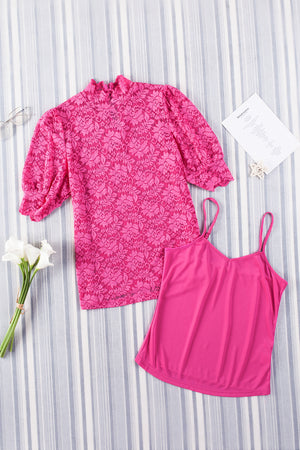 Pink lace puff sleeve mock neck blouse with a matching camisole.