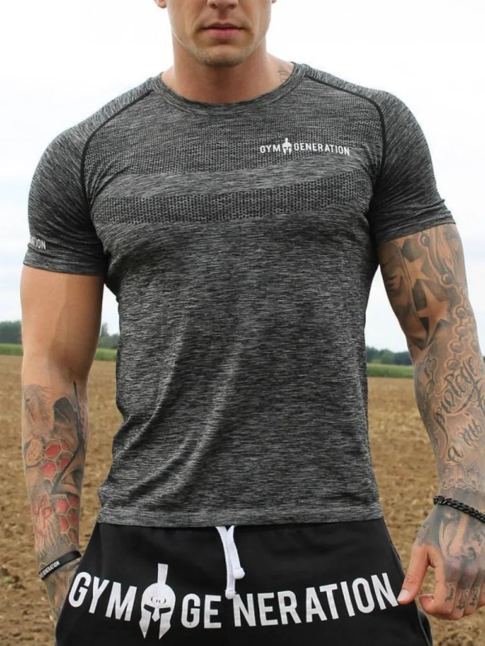 Dark Gray performance knit gym t-shirt with crew neck and short sleeves.