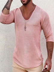 Textured slouchy v-neck knit top in dusty pink with a relaxed fit.