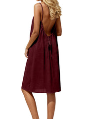 Burgundy backless spaghetti strap midi dress with tie detail
