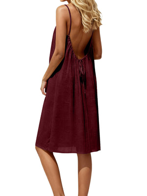 Burgundy backless spaghetti strap midi dress with tie detail