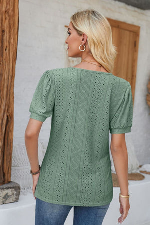 Sage green perforated puff sleeve henley top with eyelet detail