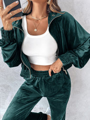 Deep Teal velvet crop tracksuit with zipper detail, elastic cuffs and waistband.