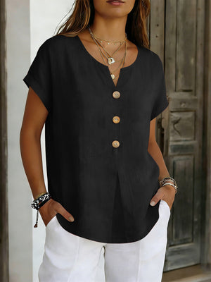 Black buttoned short sleeve blouse with V-neck and wooden buttons