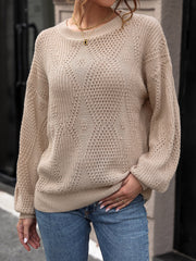 Camel diamond lattice knit sweater with balloon sleeves and crew neck.