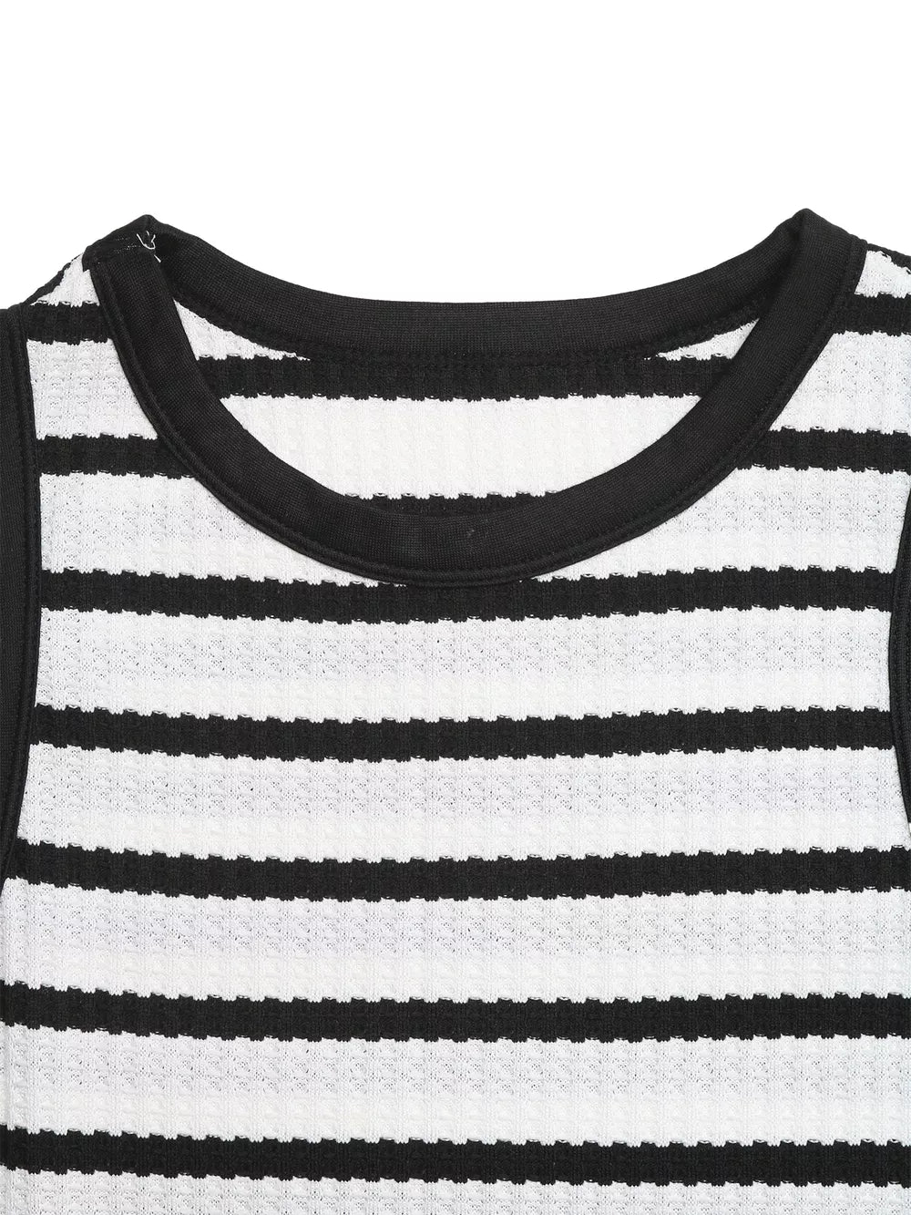Sleek striped bodycon midi dress with black trim neckline and sleeveless cut.