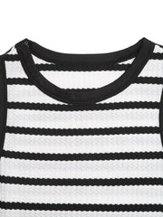 Sleek striped bodycon midi dress with black trim neckline and sleeveless cut.