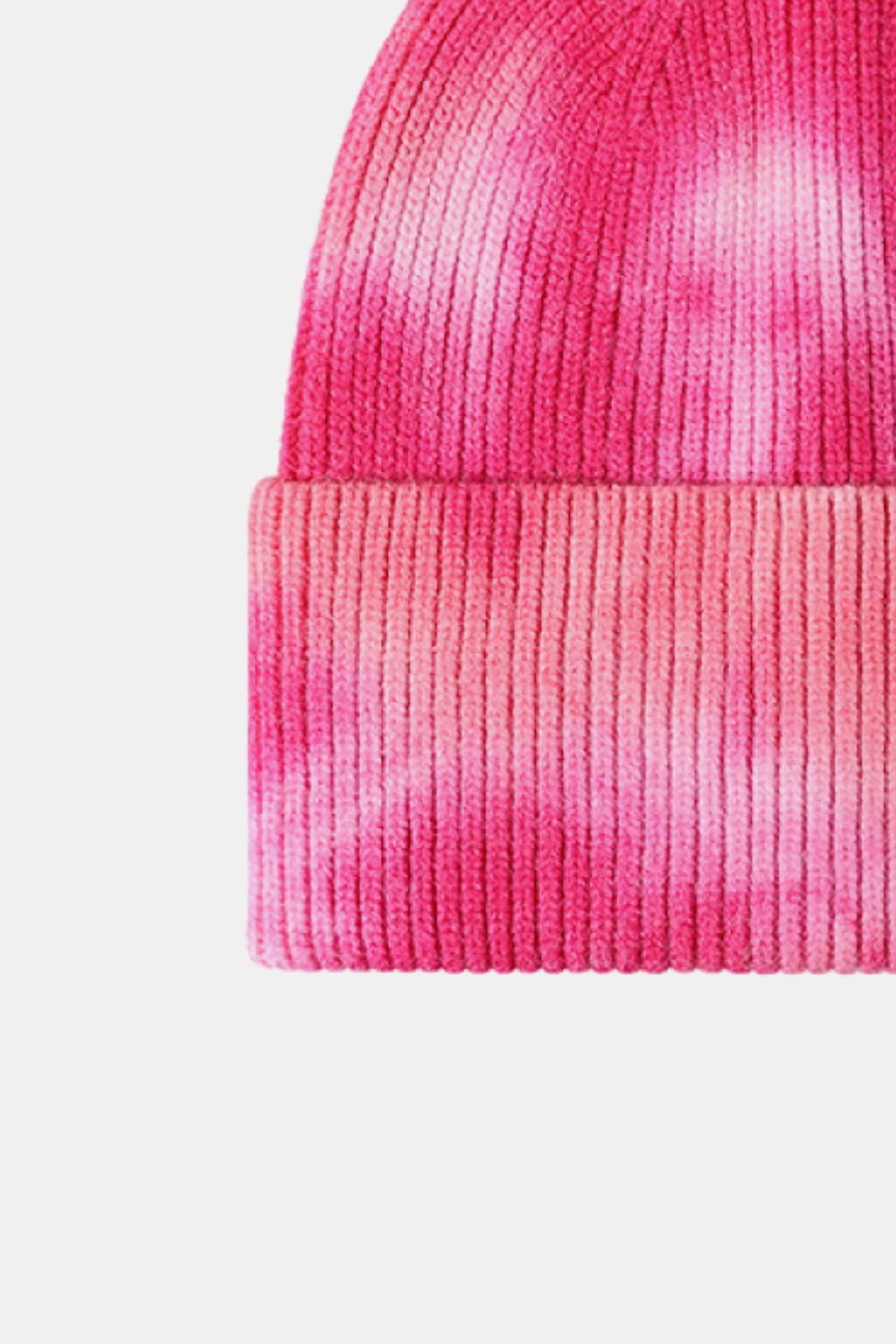 Ribbed knit beanie with pink and white tie-dye pattern
