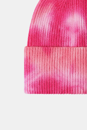 Ribbed knit beanie with pink and white tie-dye pattern