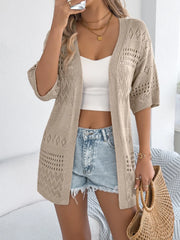Tan open-knit short sleeve duster cardigan with geometric pattern detail