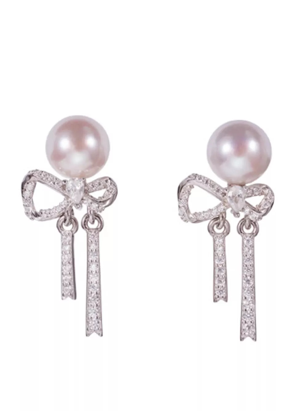 Luminous bowknot pearl drop earrings with crystal accents and silver metal.