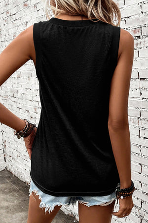 Black textured V-neck sleeveless tank top with ribbed neckline and armholes.