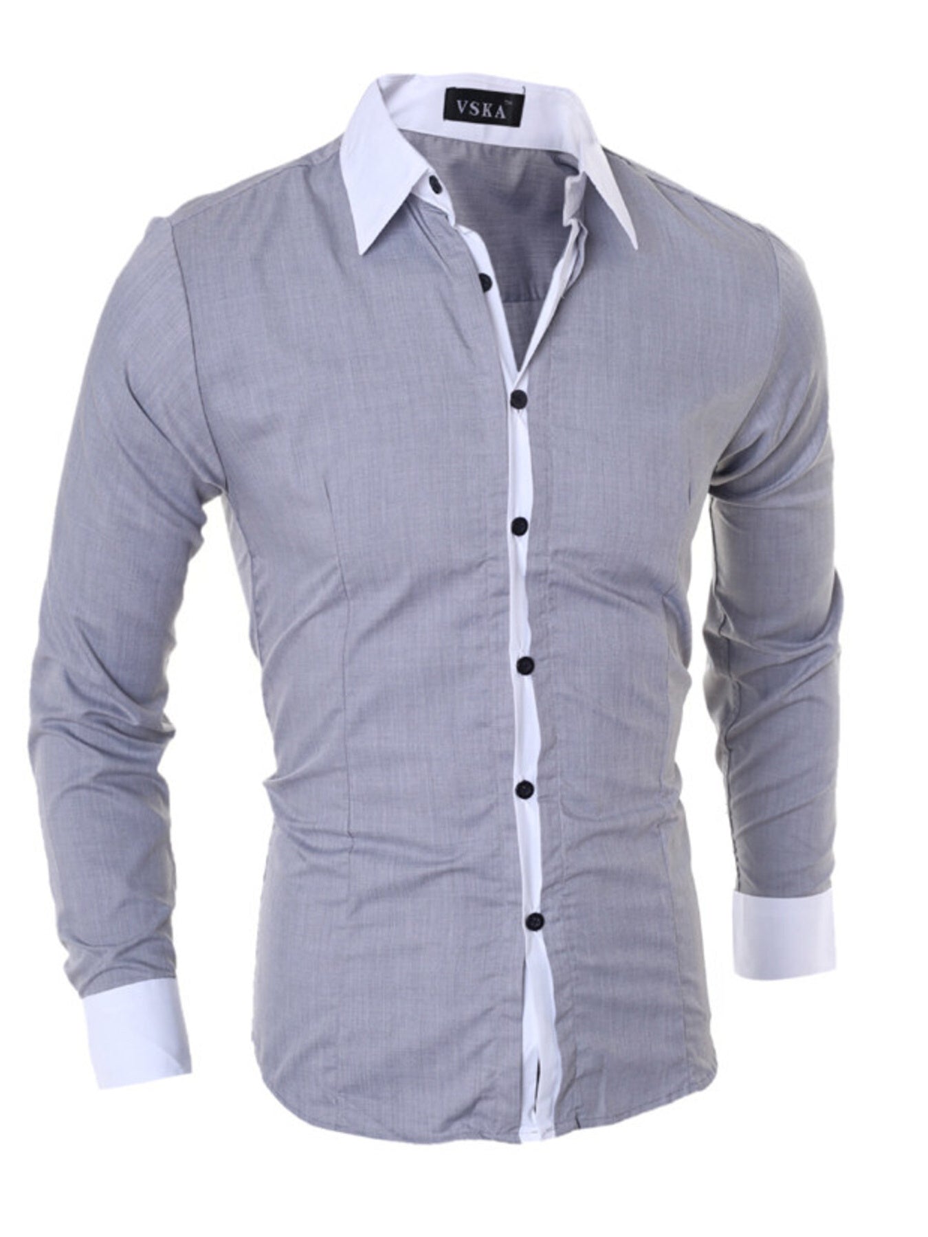 Men's grey slim fit long sleeve shirt with white collar and cuffs, buttoned front.