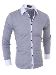 Men's grey slim fit long sleeve shirt with white collar and cuffs, buttoned front.