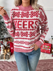 Red and white knit sweater with "CHEERS" graphic and Fair Isle pattern.